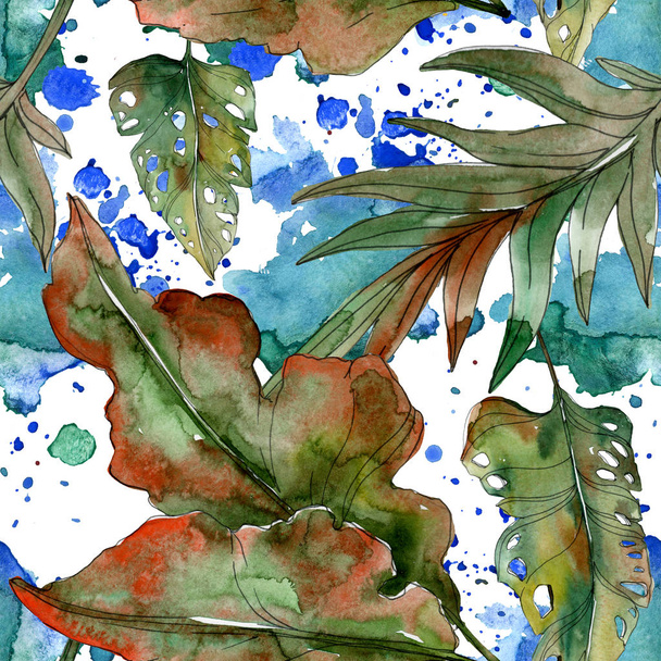 Exotic tropical green palm leaves. Watercolor illustration seamless background.  - Φωτογραφία, εικόνα