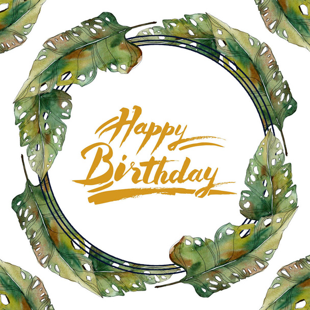 Exotic tropical green palm leaves frame watercolor illustration with happy birthday lettering. - Photo, Image