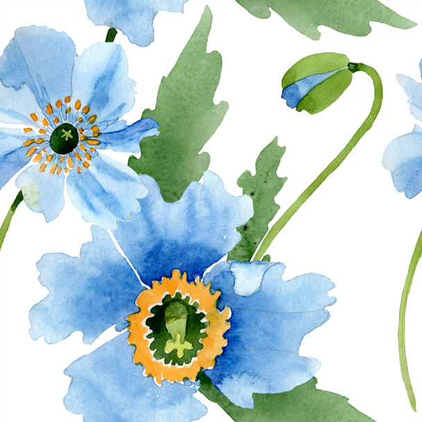 Blue poppies with leaves isolated on white. Watercolor illustration set.  - Foto, afbeelding