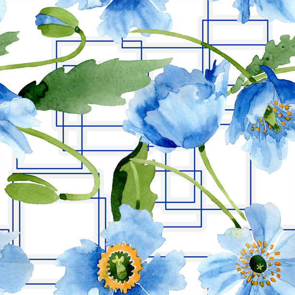 Blue poppies with leaves and lines isolated on white. Watercolor illustration set.  - Fotó, kép