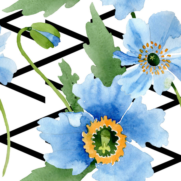 Blue poppies with leaves and black lines isolated on white. Watercolor illustration set.  - Foto, Imagem