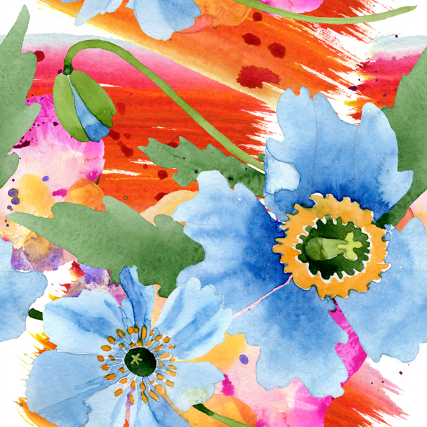 Blue poppies with green leaves watercolor illustration set  - 写真・画像