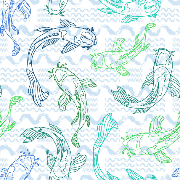 Modrá a zelená perokresby Koi ryby siluety s ručně kreslenou vlnitý štětce texturu tahu v pozadí. Bezešvá vektorová vzor. Skvělé pro tkaniny, domácí výzdoba, šablony, módní doplňky. - Vektor, obrázek
