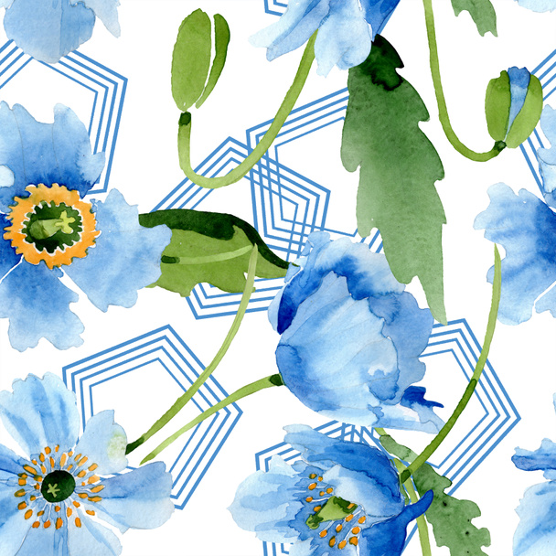 Blue poppies with leaves and geometric figures isolated on white. Watercolor illustration set.  - Fotografie, Obrázek