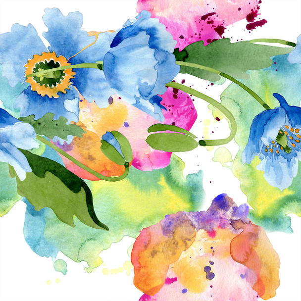 Blue poppies with leaves and buds isolated on white. Watercolor illustration set.  - 写真・画像