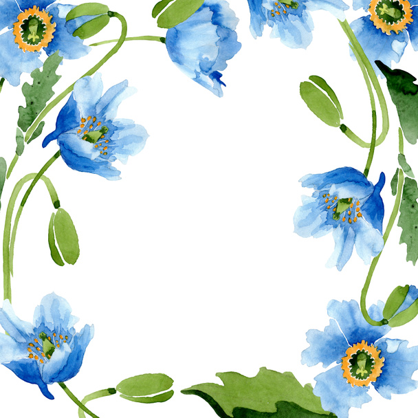 Blaue Mohnblumen, Blätter und Knospen umrahmen den Raum mit Kopierraum isoliert auf Weiß. Aquarell-Illustrationsset.   - Foto, Bild