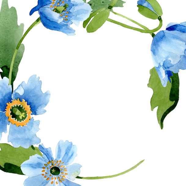 Amapolas azules, hojas, brotes y marco redondo con espacio de copia aislado en blanco. Juego de ilustración en acuarela
.   - Foto, Imagen