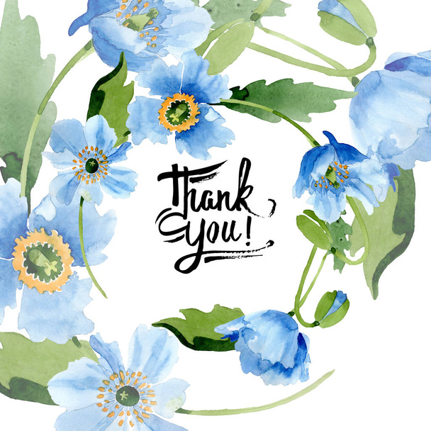 Blue poppies, leaves and buds with thank you lettering isolated on white. Watercolor illustration set.   - Φωτογραφία, εικόνα