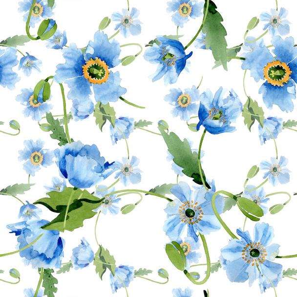 Blue poppies, leaves and buds seamless background. Watercolor illustration set.   - Photo, Image