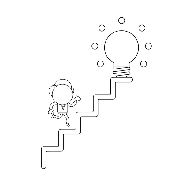 Концепция векторной иллюстрации персонажа бизнесмена, работающего на светящейся лампочке наверху лестницы. Чёрный контур
. - Вектор,изображение
