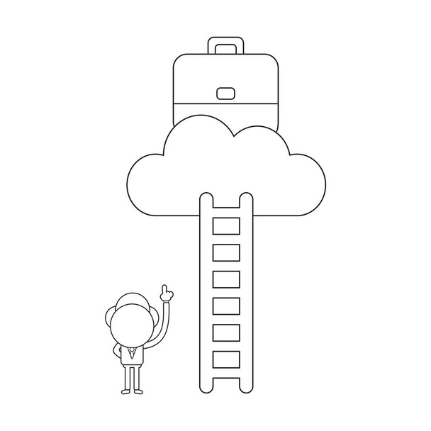 Vector εικονογράφηση έννοια του επιχειρηματία χαρακτήρα κατάδειξης χαρτοφύλακα στο σύννεφο και να φτάσει με σκάλα. Μαύρο περίγραμμα. - Διάνυσμα, εικόνα
