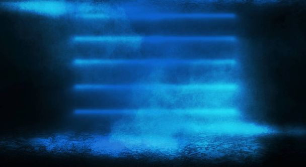 Blue misty dark background. Dark street with smoke, fog, blue spotlights, neon. Dark abstract empty background. - Photo, Image