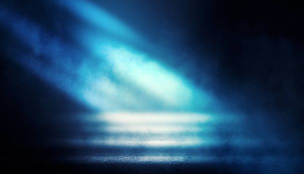Background of empty dark room with rays of light. Concrete floor with light reflection. Smoke, neon blue light - Photo, image