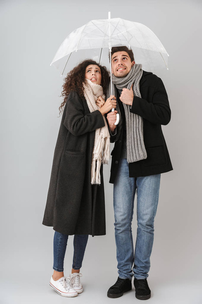 Upset frozen couple wearing autimn clothes standing under an umbrella isolated over gray background - Valokuva, kuva