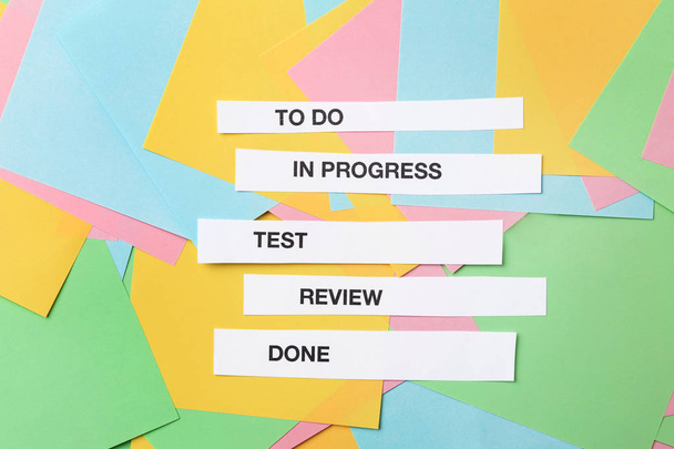 Words to do, IN PROGRESS, TEST, REVIEW, DONE on color paper stickers
 - Фото, изображение