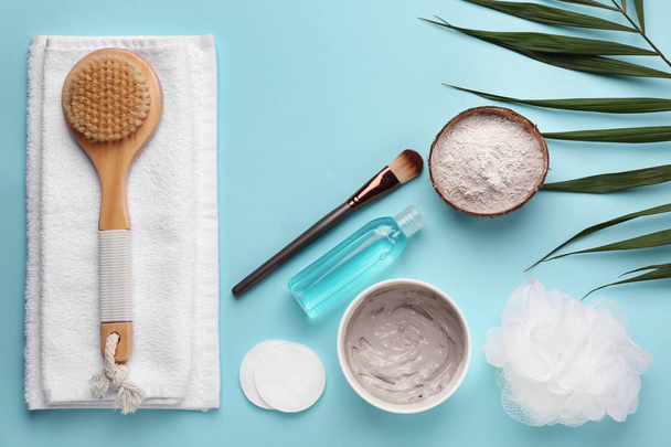Composition with ingredients for facial mask on color background - Photo, image