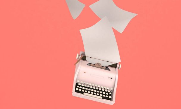 3D render illustration, storytelling concept, retro typewriter with paper sheets on coral background   - Photo, Image