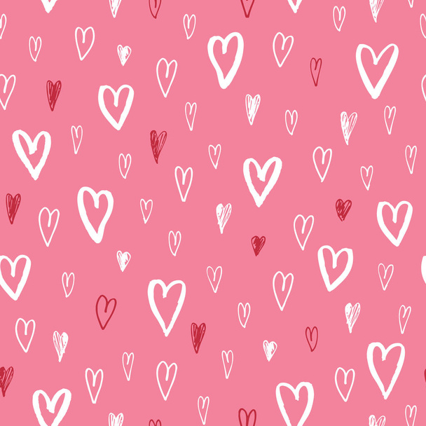 Hand Drawn Doodle Small Hearts Valentines Day vector Seamless Pattern. Modern Cute Graffity Background. Silhouettes - Vetor, Imagem