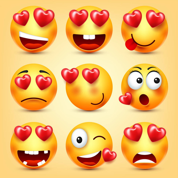 Emoji Smiley With Red Heart Vector Set. Valentines Day Yellow Cartoon Emoticons Face. Love Feeling Expression. - Wektor, obraz
