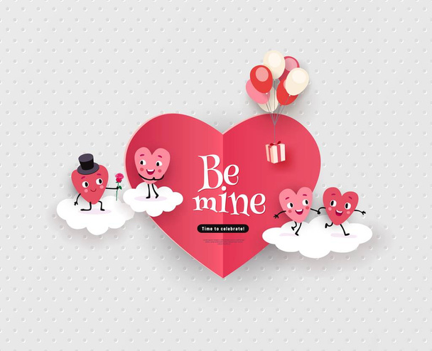 Be mine, Happy Valentine's Day greeting card with a pair of animated hearts, a love story, declaration of love. Romantic vector illustration suitable for wedding, engagement - Вектор, зображення