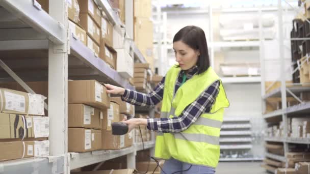 Winkel werknemer in het magazijn met behulp van een barcodescanner voert boekhoudkundige - Video