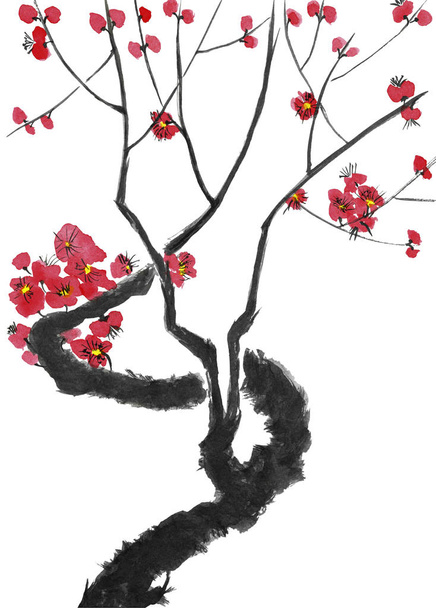 A branch of a blossoming tree. Pink and red stylized flowers of plum mei, wild apricots and sakura . Watercolor and ink illustration in style sumi-e, u-sin. Oriental traditional painting.   - Foto, Imagen