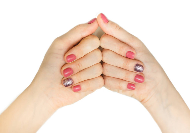 Woman applying red nail polish her nails manicure on white background isolated - Zdjęcie, obraz