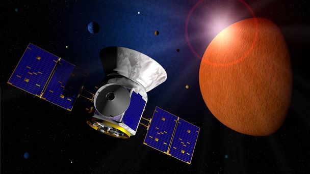 Sondage sur les exoplanètes en transit Télescope spatial TESS par satellite voyageant dans l'espace à la recherche de planètes exo. Éléments de cette image fournis par la NASA. Illustration 3D
 - Photo, image
