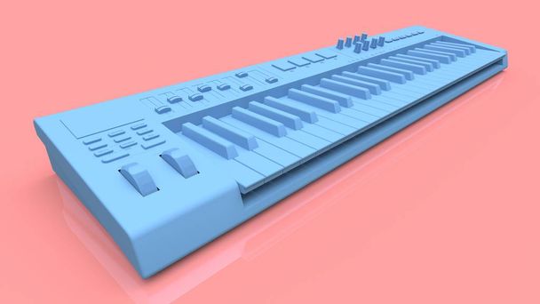 Blauwe synthesizer Midi-keyboard op roze achtergrond. Synth sleutels close-up. 3D-rendering - Foto, afbeelding