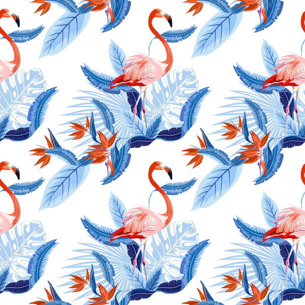 Vector seamless tropical pattern, exotic birds, vivid tropic foliage, with monstera leaf, palm leaves, bird of paradise flower. Pattern trend design. - Διάνυσμα, εικόνα