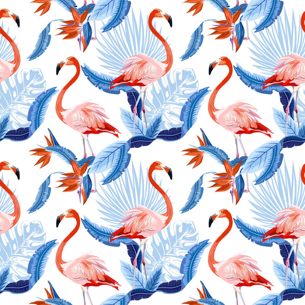 Vector seamless tropical pattern, exotic birds, vivid tropic foliage, with monstera leaf, palm leaves, bird of paradise flower. Pattern trend design. - Vecteur, image