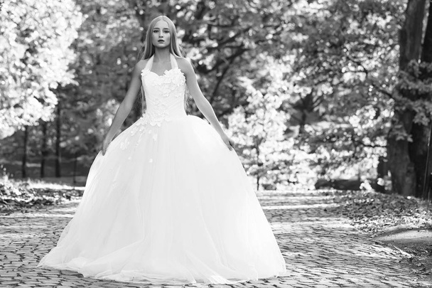 Bride in beautiful dress outdoor - Фото, изображение
