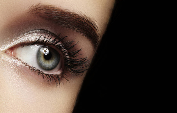 Krásné makro ženské oko s extrémně dlouhými řasami a oslavovat make-up. Dokonalý make-up, Módní dlouhé řasy. Kosmetika a make-up. Detailní makro záběr na vzhled módních očí - Fotografie, Obrázek