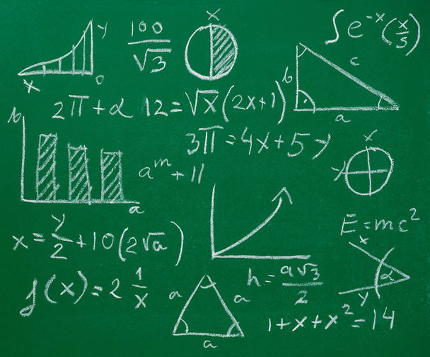 wiskundige formules en tekenen op een schoolbord - Foto, afbeelding
