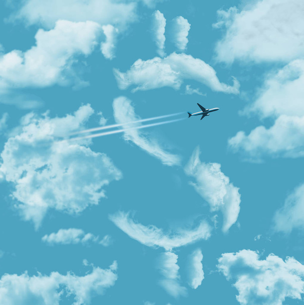 Die Kosten für Flugreisen werden mit Wolken in Form eines Dollarzeichens und einem Düsenflugzeug mit Kondensstreifen am blauen Himmel veranschaulicht. Dies ist eine Illustration. - Foto, Bild