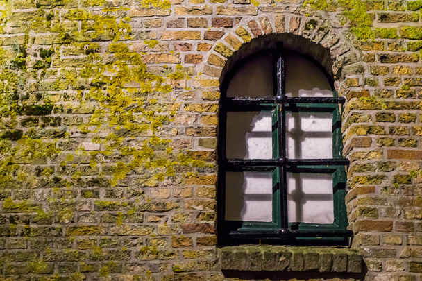 mechovitá cihlová zeď se starým dřevěným okenním rámem za mřížemi, historické zázemí - Fotografie, Obrázek