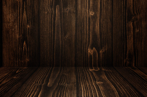 Grunge dark wood background wall and floor. wooden texture. surface, display backdrop, put product on floor. - Photo, image