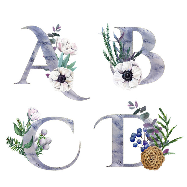 Decorative floral alphabet with silver letters and watercolor botanical decoration. - Fotoğraf, Görsel