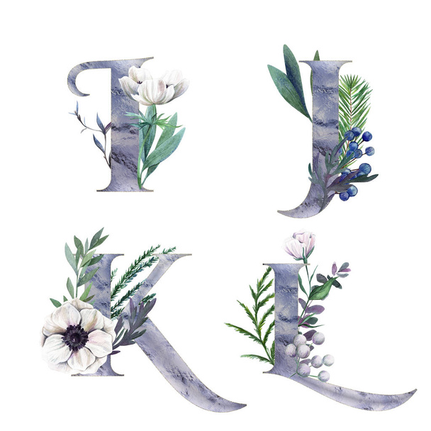 Decorative floral alphabet with silver letters and watercolor botanical decoration. - Zdjęcie, obraz