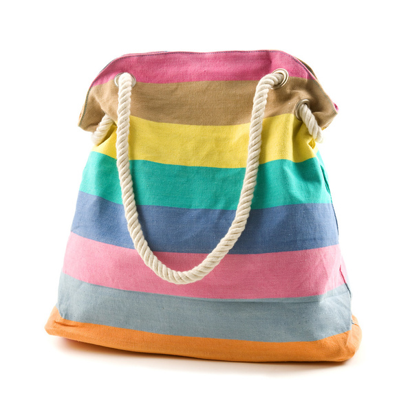 Bolso de playa rayado multicolor de lona con correa de hombro de cuerda
 - Foto, imagen