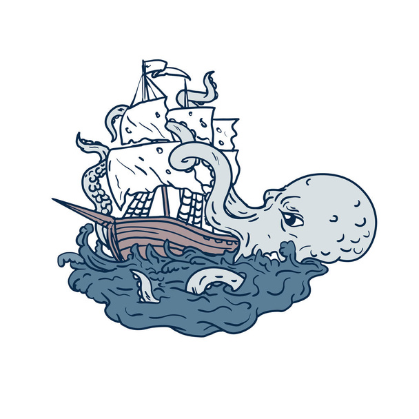 Ilustración de arte Doodle de un kraken, un legendario monstruo marino gigante similar a un cefalópodo que ataca a un velero con sus tentáculos en el mar con olas tumultuosas hechas en estilo de dibujo de bocetos
. - Vector, Imagen