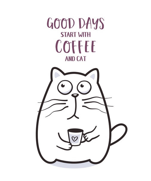 Funny fat cat with coffee mug for greeting card design t-shirt print or poster - Vector, Image