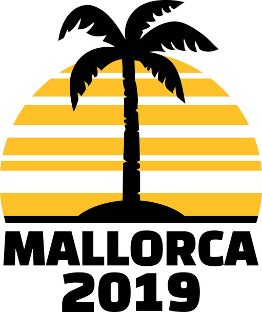 Mallorca 2019 with palm tree and sunset - Vector, Image