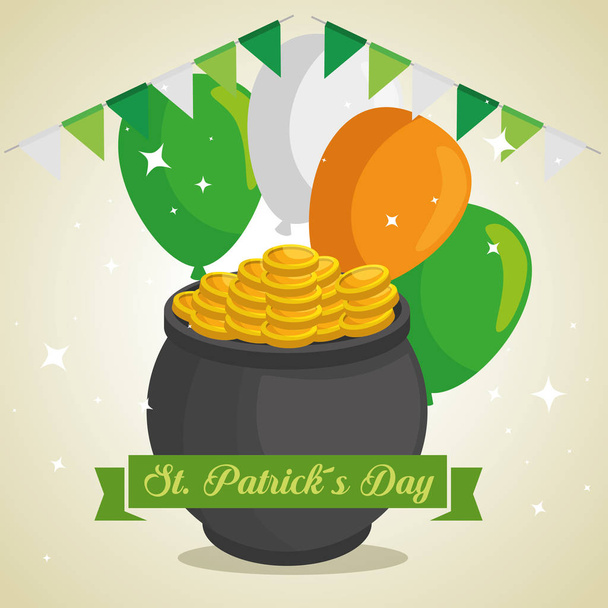 st patrick day and cauldron with coins and balloons - Vektör, Görsel