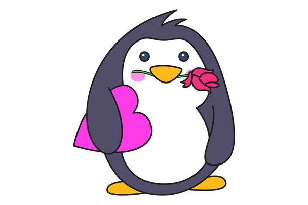 Vector cartoon illustration of cute penguin with heart and rose. Isolated on white background. - Vector, Imagen