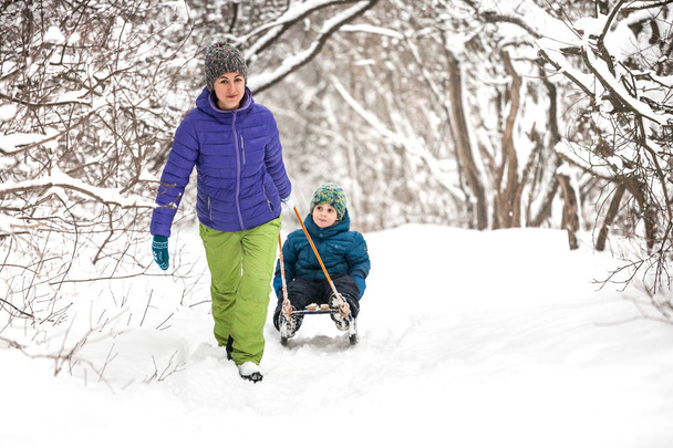 Nainen pyörittää poikaa kelkassa. Lapsi kävelee äitinsä kanssa talvimetsän läpi. Poika ratsastaa lumessa reessä. Talviloma. Hauska harrastus vanhempien kanssa
. - Valokuva, kuva
