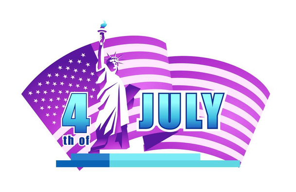 Vektor vízszintes illusztráció az amerikai függetlenség napja ünnep. Banner nemzeti attribútumokkal és jelképei a zászló és a Szabadság-szobor, lila színekben. - Vektor, kép