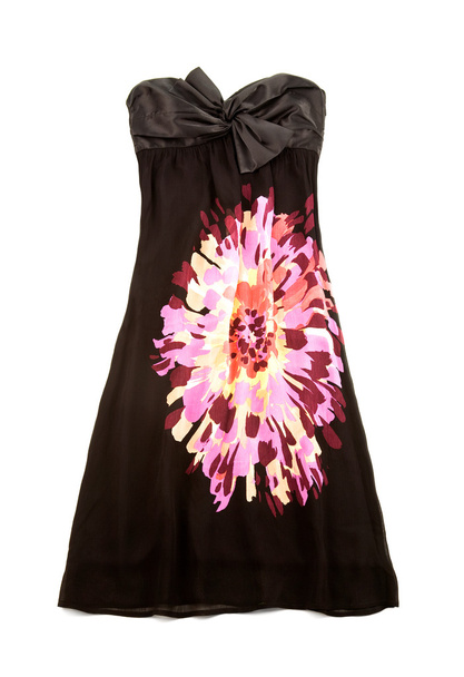 Strapless zwarte jurk met grote kleurrijke bloem - Foto, afbeelding