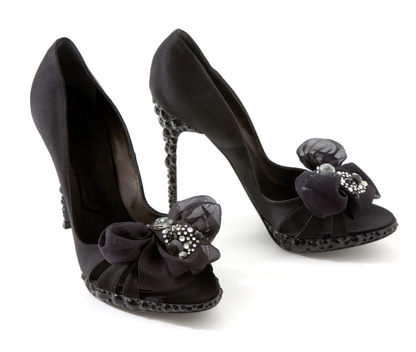 Crystals black peep toe stilettos with big bows - Fotoğraf, Görsel