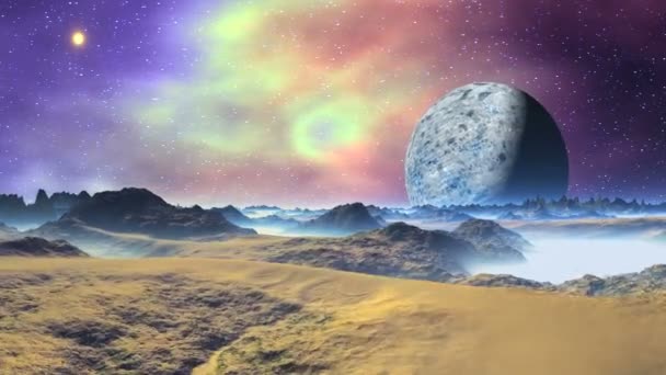 Alien Moon and Nebula.The starry sky colorful nebula and bright sun. The blue planet (moon) slowly flies away. The mountains and desert plains are brightly lit. In the lowlands thick white fog. - Footage, Video